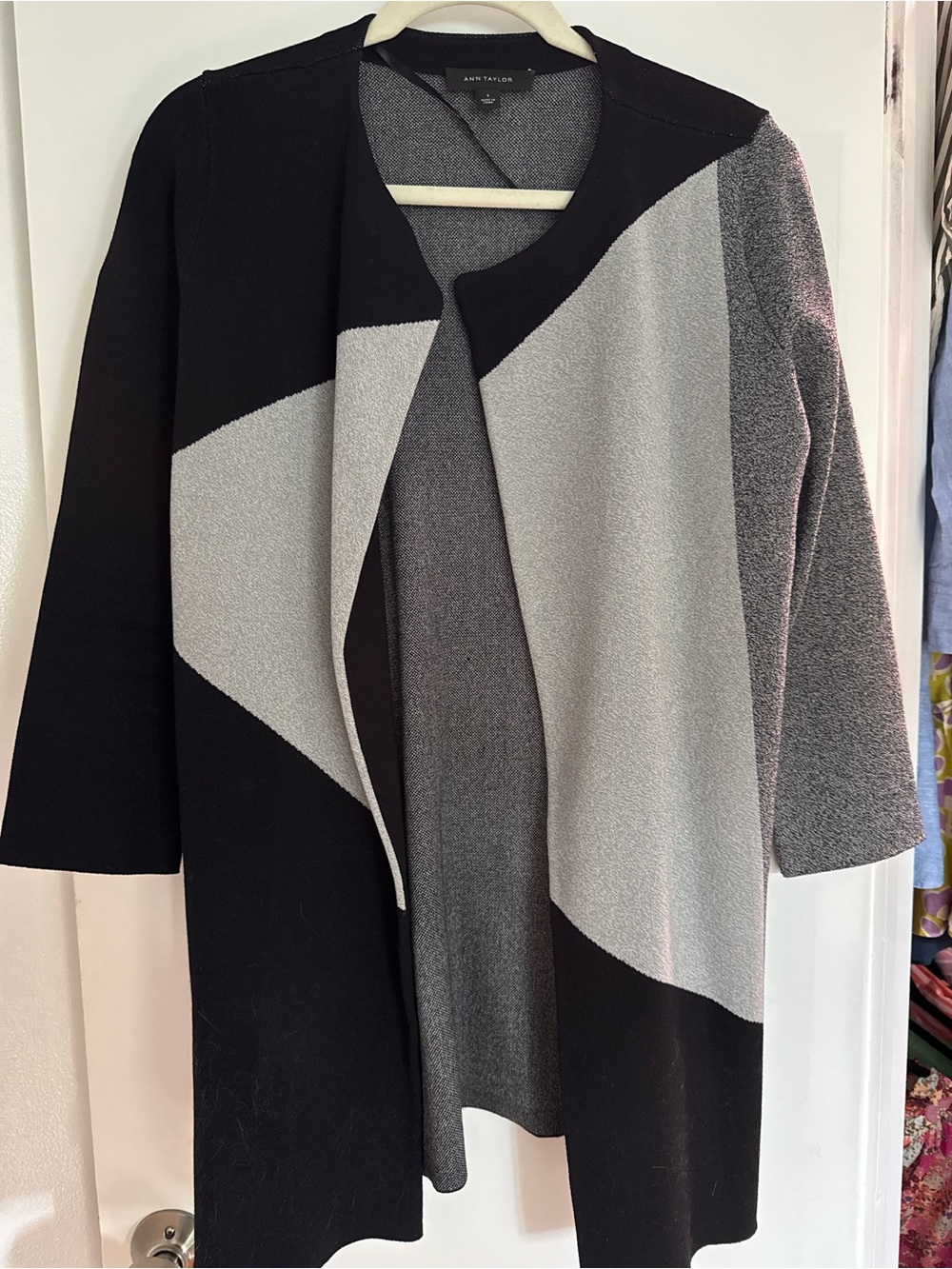Ann Taylor Black and Gray Open-Front Colorblock Cardigan